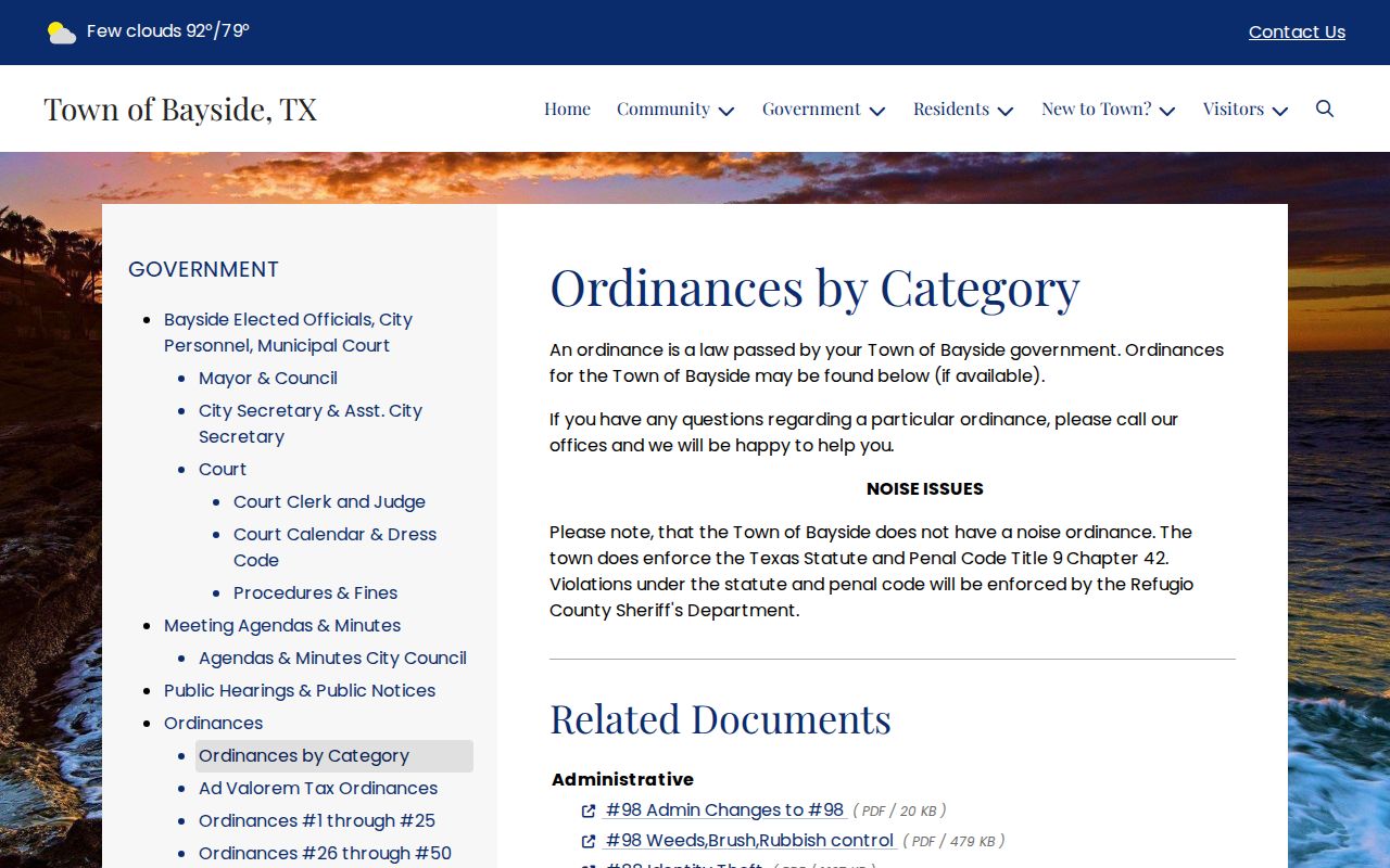 Bayside ordinances page showing Refugio County sheriff enforcement context for booking records
