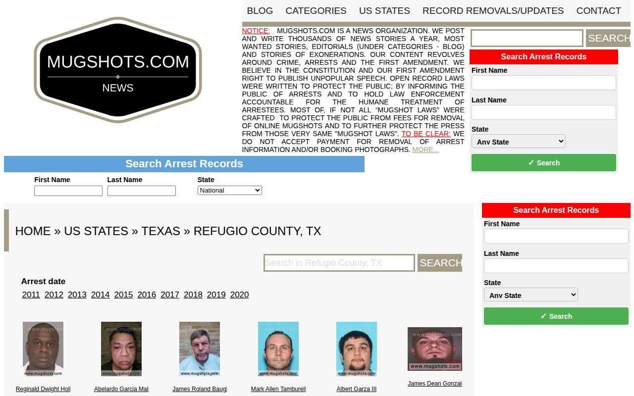 Mugshots.com Refugio County historical section