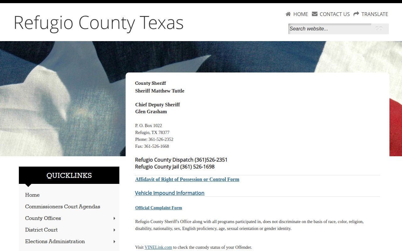 Refugio County Sheriff official page for booking-record and custody contacts