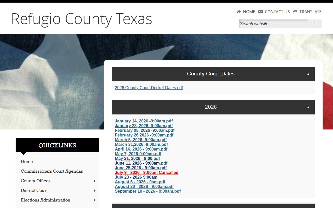 Refugio County court docket source for booking-case disposition records