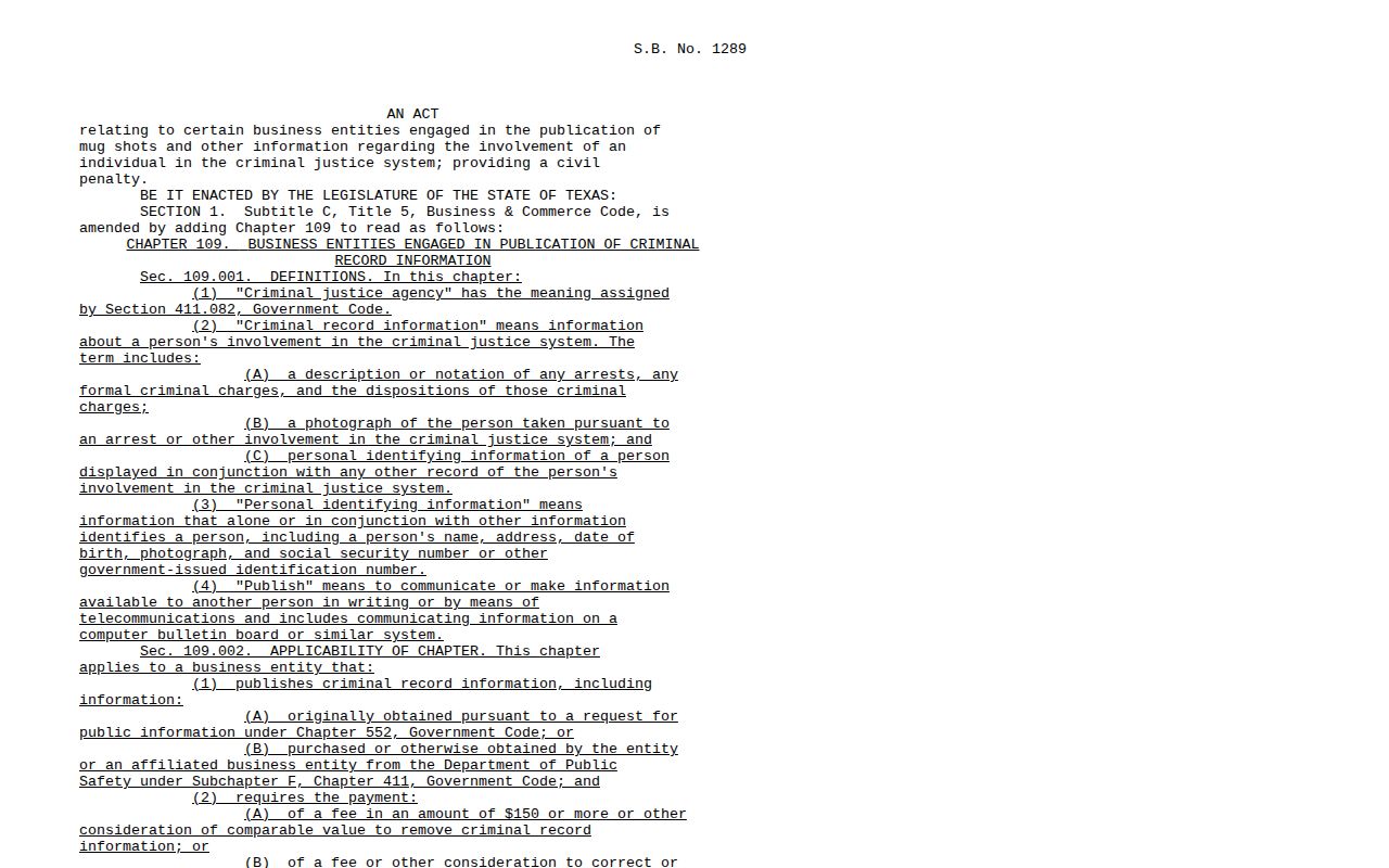 Refugio County mugshot-record correction source in Texas Chapter 109