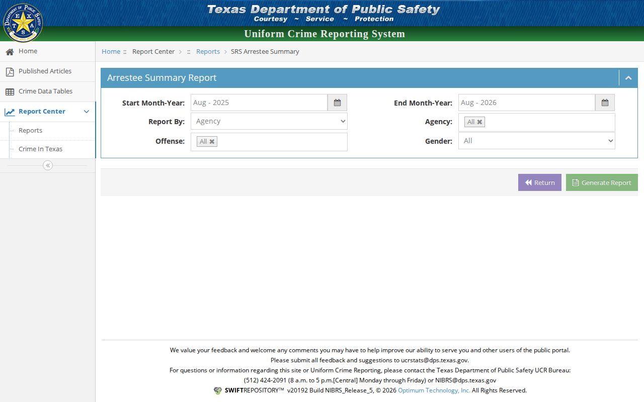 Refugio County arrest statistics source at the Texas DPS arrestee summary